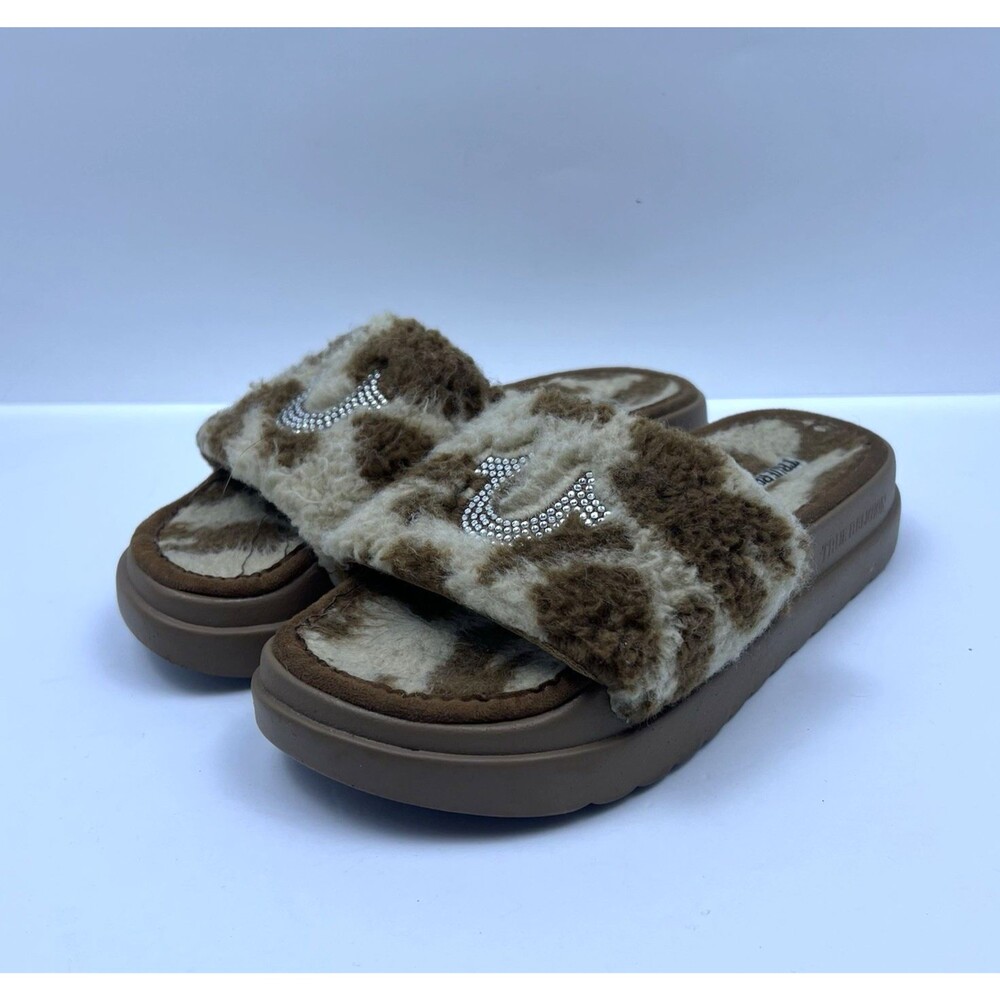 True Religion Women's Lamia Fuzzy Platform Slides Slippers Brown Cow Print Sz 8